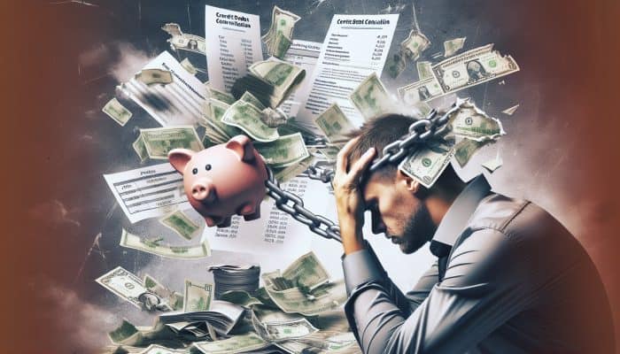 Understanding Debt Consolidation Risks: Key Insights | DCL Individual overwhelmed by new debts post-consolidation, surrounded by financial documents, illustrating the risk of increased debt.