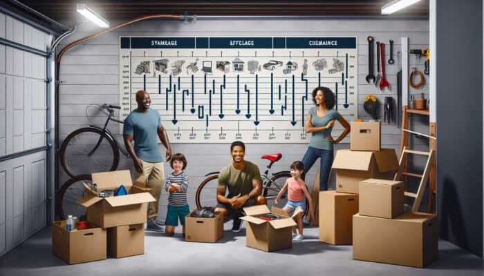 A timeline chart on a wall in a garage, with family members happily planning and sorting items.