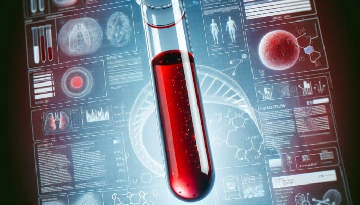 Vitamin B12 Blood Test in Bridlington: A blood sample in a test tube, red color representing vitamin B12, in a clinical lab setting.