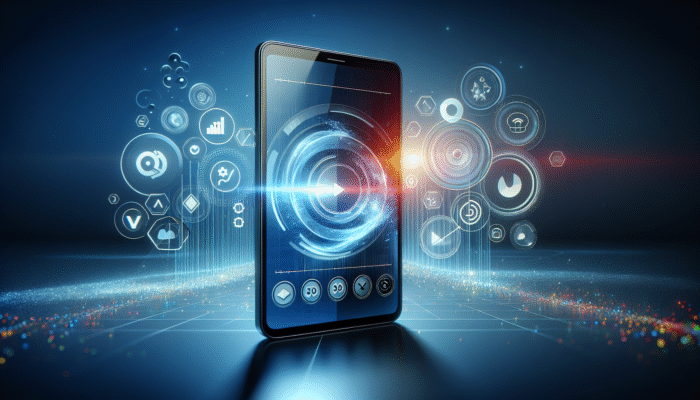 A smartphone displaying a video, surrounded by optimisation icons and graphs against a modern background.