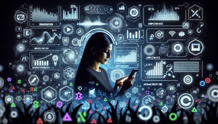 Individual analysing mobile video performance on a smartphone with graphs depicting engagement, completion, and watch time using Google Analytics.