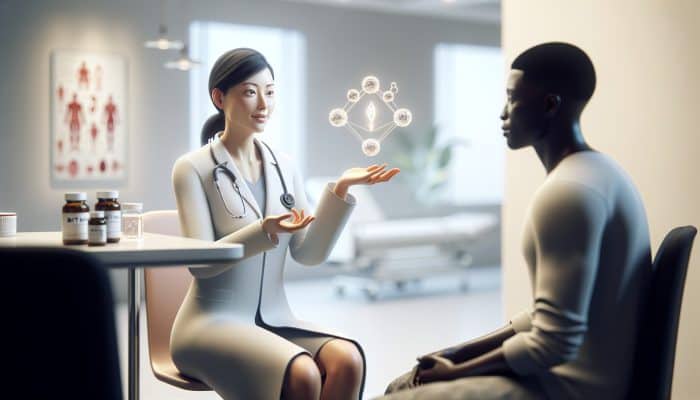 A doctor advising a patient on fasting and avoiding biotin before a thyroid blood test in a calm medical setting.