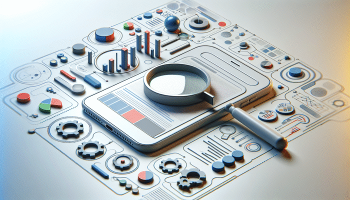 Smartphone displaying search results featuring optimised title tags, accompanied by magnifying glasses and graphs for mobile search optimisation.