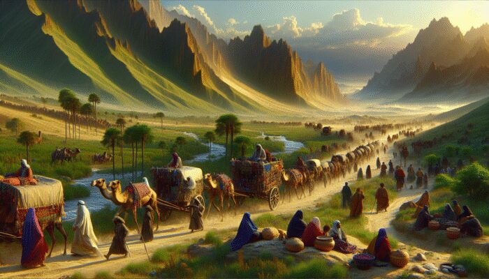 A detailed map of an ancient trade route with historical figures and caravans, illustrating its cultural and economic significance.