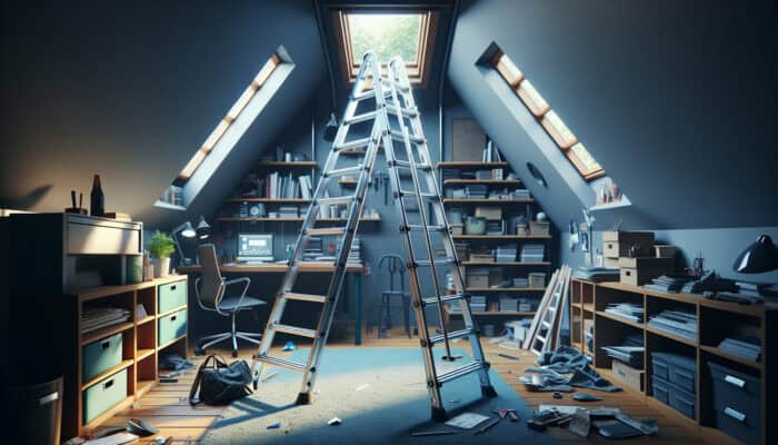 Tools for Loft Clearance in UK Properties: Sturdy aluminum loft ladder with non-slip rungs and stabiliser bars for safe attic access.