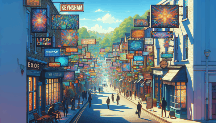 Keynsham high street showcasing small businesses utilising vibrant digital ads for proficient marketing strategies.