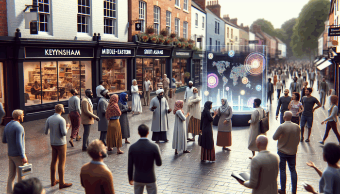 Local influencers in Keynsham engaging with crowds, promoting small business products through digital screens.