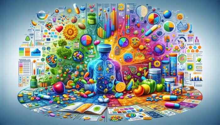 A colourful infographic illustrating the benefits and uses of dietary supplements while appealing to various learning styles.