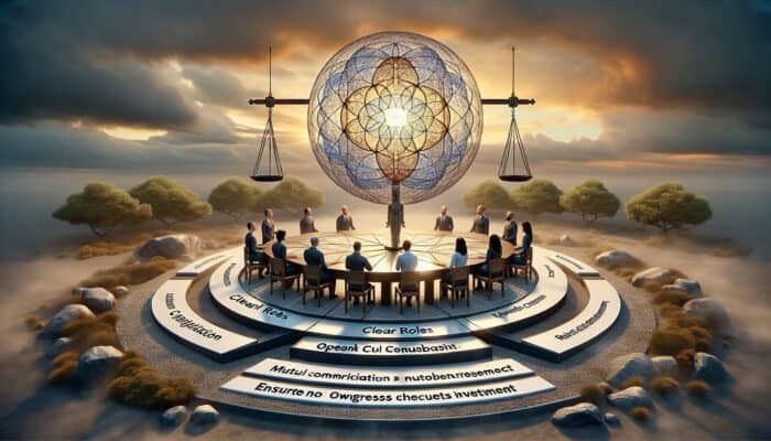 An infographic depicting experts collaborating, showcasing clear roles, mutual respect, and open communication.