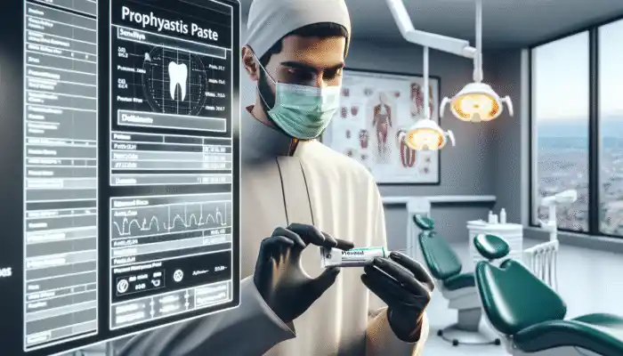 A UK dentist evaluates prophylaxis paste, considering patient sensitivity, stains, fluoride, flavour, and allergies in a contemporary office.