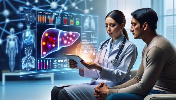 A healthcare professional discussing liver blood test results with a patient on a digital tablet, displaying graphs and charts.