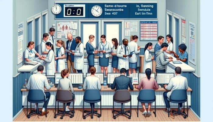 Busy reception area at a Swanscombe clinic where patients are discussing urgent same-day liver test appointments, while staff members are scheduling on computers during early morning hours.