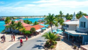 A coastal town scene in Corozal Town, Belize, where people walk and bike along colourful streets lined with palm trees, outdoor cafes, and real estate options highlighting the area’s affordable living by blue water and boats under a clear sky.