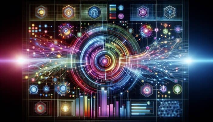 A futuristic dashboard with graphs, data streams, and interconnected nodes symbolising machine learning for analytics.