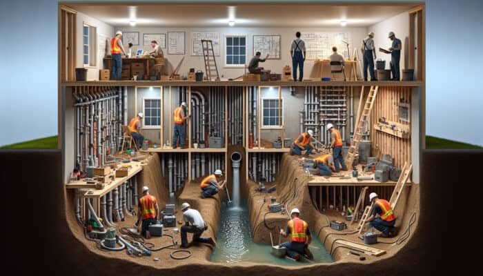 Installation of interior drainage system with professionals assessing, excavating, and installing components over several days.