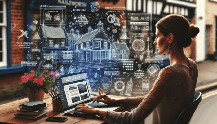 A web designer in Nailsworth strategizes redesigns for small businesses, surrounded by sketches and a laptop displaying a modern site with local shops and markets.