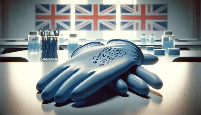 Blue nitrile gloves on a sterile lab table featuring EN455 and EN374 stamps, alongside the Union Jack and EU symbols.