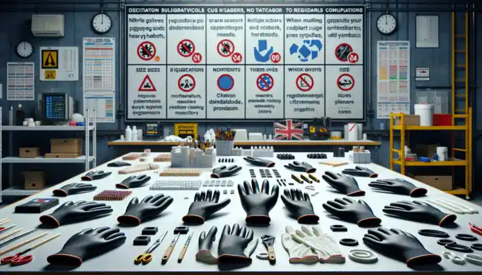 Nitrile gloves displayed on a UK industrial workbench: showcasing thick gloves for heavy-duty protection and thin ones for precision tasks, with size labels and compliance stickers visible.