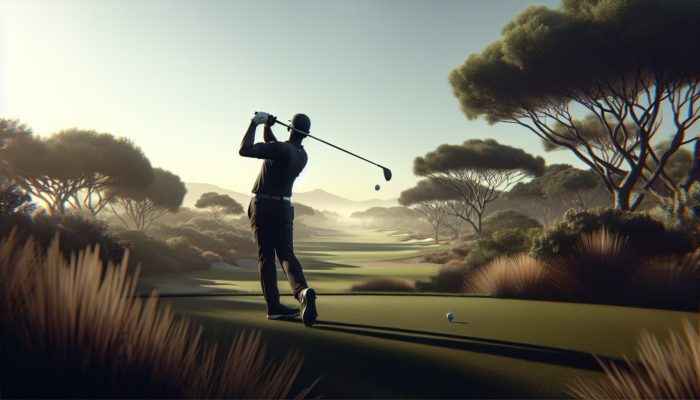How to Hit a Fade Shot: A right-handed golfer executing a fade shot on a South African course, ball curving around obstacles to land on the green.