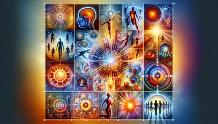 A vibrant collage showing human figures driven by colorful energy towards glowing goals, representing various motivational elements.