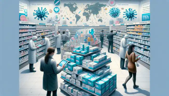 Bustling Cheltenham pharmacy with half-empty blue nitrile glove shelves, anxious customers, flu posters, supply maps, and clerk on tablet.