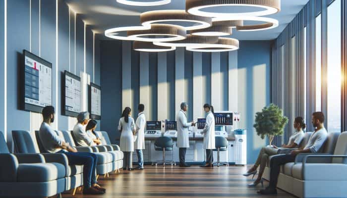 Cortisol Blood Test in Blackpool: technicians perform cortisol blood tests, diverse patients wait comfortably, doctors provide personalized care under bright lights.