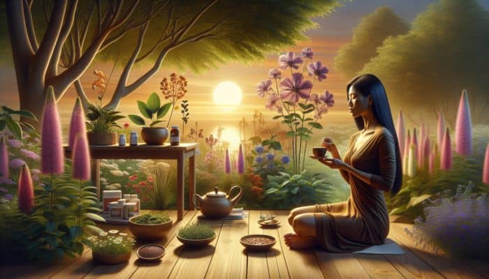 A woman in a garden with evening primrose, black cohosh, and flaxseed, enjoying herbal tea and soy products.