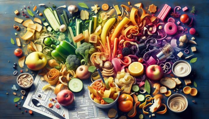 Vibrant kitchen scene featuring food scraps transformed into scrumptious upcycled dishes.