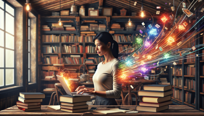 Focused business owner in Nailsworth bookstore reviews Google Analytics on laptop, showing a 25% SEO sales surge amid books and charts.