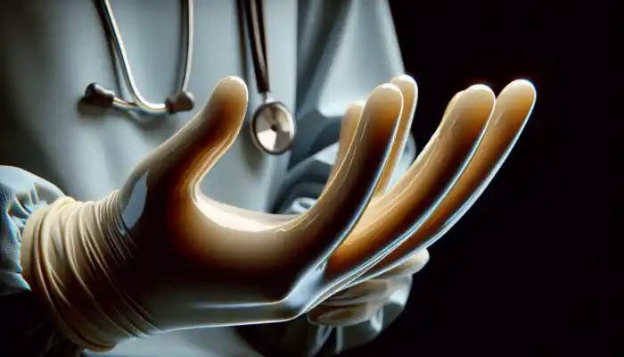 Latex Gauntlet Gloves in Tonbridge: Close-up of shiny, elastic latex gauntlet gloves worn by a healthcare worker in a UK facility, showing barrier protection and hygiene standards.