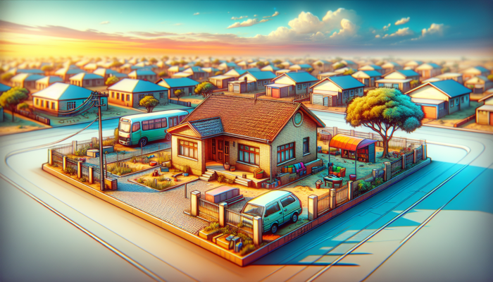 Modest single-story brick home in Mahikeng with tiled roof and small front yard, near school, bus stop, and shops under bright sky.