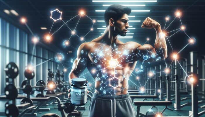 Best BCAA Supplements for Workout Recovery: Muscular athlete flexing in gym, holding BCAA supplement bottle with glowing leucine, isoleucine, and valine molecules around.