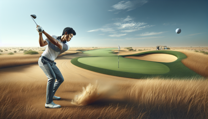 Golfer executing a high-trajectory flop shot on a South African course, ball clearing a bunker and landing softly on the green.