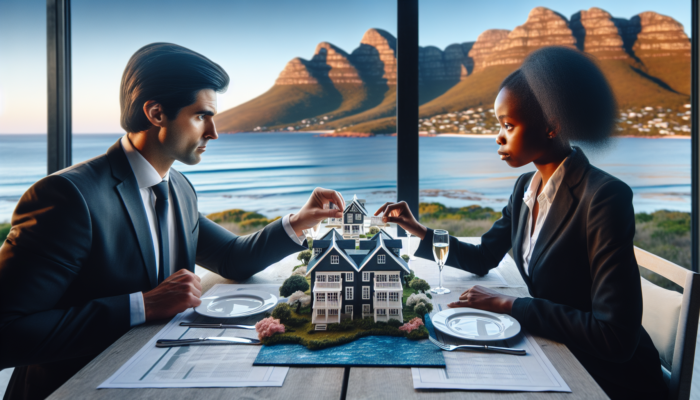 Agent and buyer in suits review property maps and charts at a waterfront table, with ocean and mountains visible through windows.