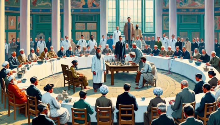 Acupuncture for Chronic Fatigue Syndrome: Illustration of acupuncture's evolution in the UK: ancient Eastern healers with needles, 1970s practitioners in clinics, and a 1995 council meeting.