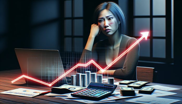 Debt Consolidation Loan Credit Score Minimums: UK Guide | DCL Person looking worried at financial documents and laptop showing increasing debt graph in dimly lit room.