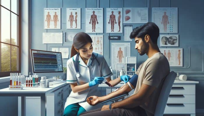 Cortisol Blood Test in Hastings: A focused nurse draws blood from a weary patient in a modern NHS clinic, surrounded by lab equipment and adrenal health posters.