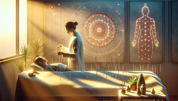 Serene dawn acupuncture session in a UK clinic: practitioner inserting needles into patient, with soft sunlight, TCM charts, and energy symbols.