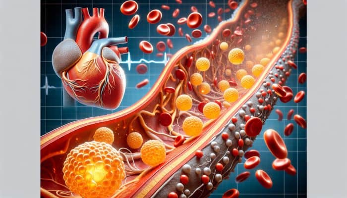 What Do LDL, HDL and Triglycerides Mean?: Illustration of golden LDL cholesterol orbs forming plaque in a clogged artery, blocking blood flow to the heart, with healthy artery comparison and NHS emblem.