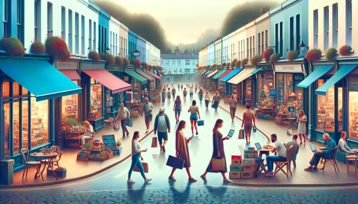 E-commerce Marketing in Burnham-on-Sea for Small Business: Vibrant street in Burnham-on-Sea with quaint shops displaying local goods; owners using laptops to connect to UK marketplaces for community engagement.