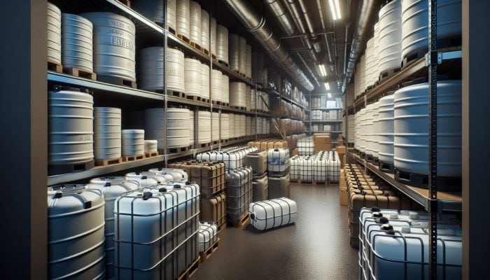 A well-organised basement with stacked food-grade plastic and stainless steel water containers in various sizes for emergency storage.
