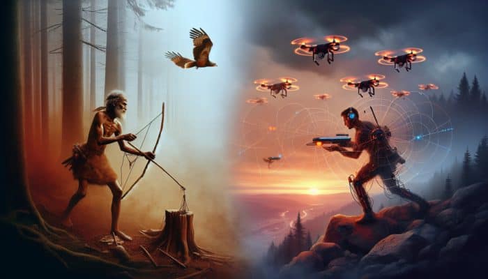Evolving trapping techniques: ancient hunter setting wooden snare in misty forest, modern expert using drones in urban wilderness under sunset.