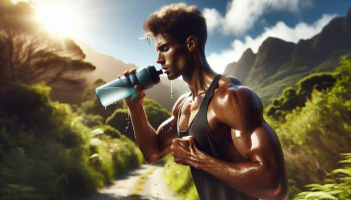 Hydration Strategies from Athletes: Determined athlete pauses during trail run to sip from sports bottle, sweat on focused face, with greenery and distant mountains.