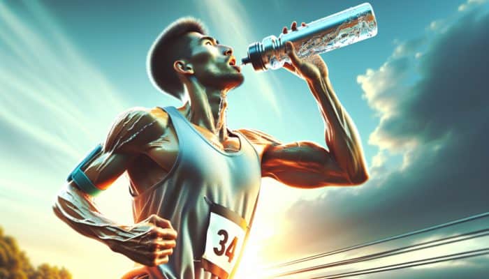 A runner in mid-stride during a marathon pauses to sip from a water bottle, sweat on their focused face under a sunny sky.
