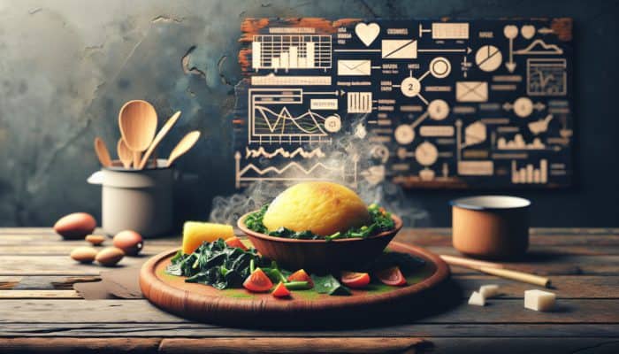 Best Kenyan Ugali and Sukuma Wiki Recipes: A steaming mound of Kenyan Ugali made from maize flour, paired with vibrant green Sukuma Wiki and tomatoes on a wooden plate.