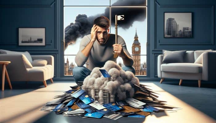 Lessons From A Failed Debt Consolidation Attempt | DCL Lessons From A Failed Debt Consolidation Attempt: Stressed London homeowner in modern flat surrounded by credit cards, bills merging into loan document with house key and Big Ben.