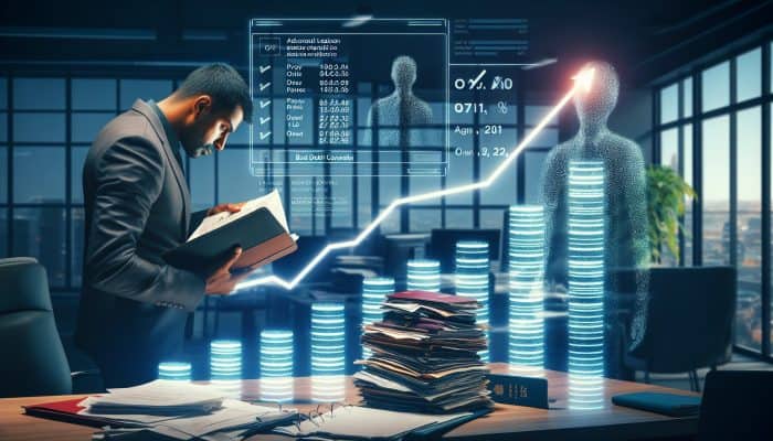 A determined UK individual in a modern London office sorts passports, payslips, and tax returns, viewing glowing credit score graphs symbolizing financial hope.