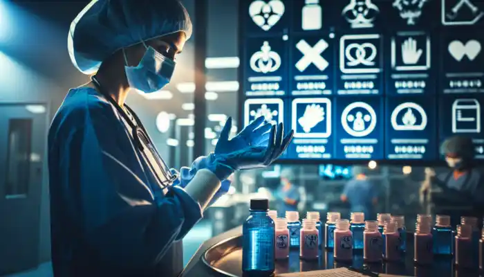 A healthcare worker in a modern UK hospital wears blue nitrile gloves while handling hazardous chemicals, with British safety signs and fluorescent lighting in the background.
