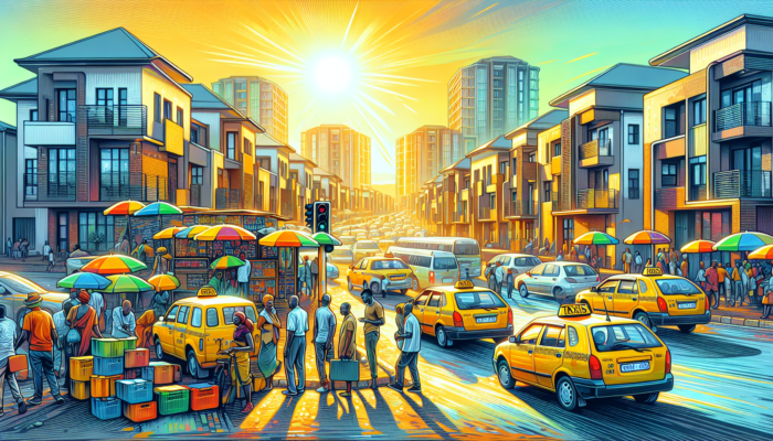 Bustling Witbank street with yellow taxis queued at a rank, residents hailing rides under sunny skies, and modern homes in the background.