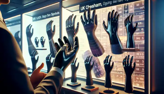 In a Chesham glove shop, a person tries on various black latex gauntlet gloves, assessing fit and comfort under soft lighting.